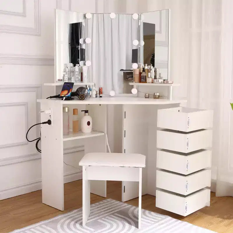 Mobile trucco angolare bianco/nero con luci LED e sgabello, presa elettrica, 5 cassetti, singolo
