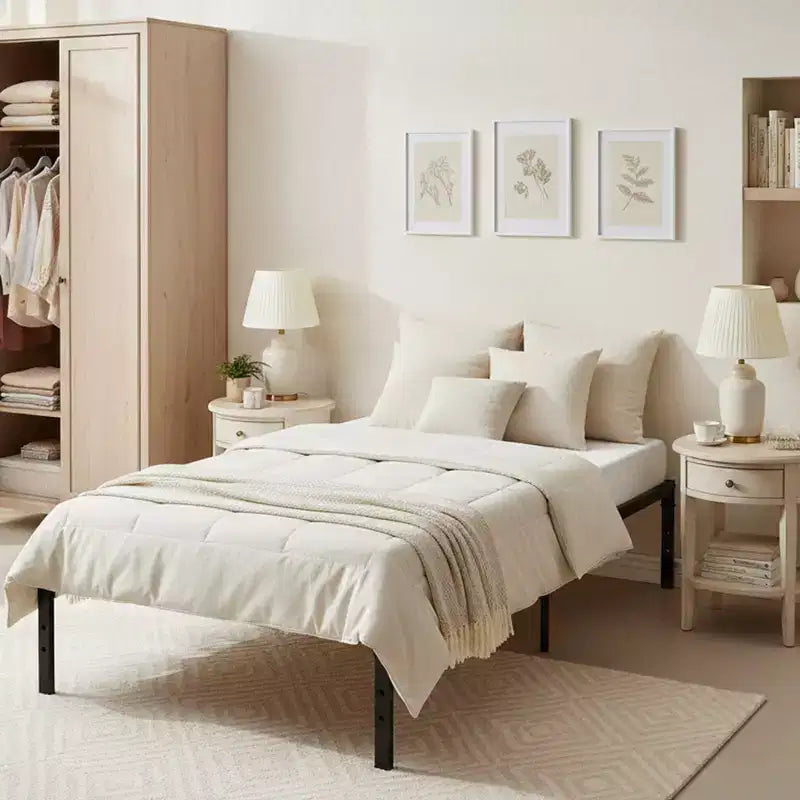 Struttura letto a piattaforma matrimoniale in metallo nero con contenitore sotto il letto, nessuna rete a molle necessaria
