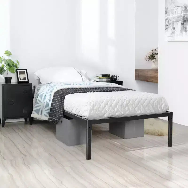 Struttura letto a piattaforma matrimoniale in metallo nero con contenitore sotto il letto, nessuna rete a molle necessaria