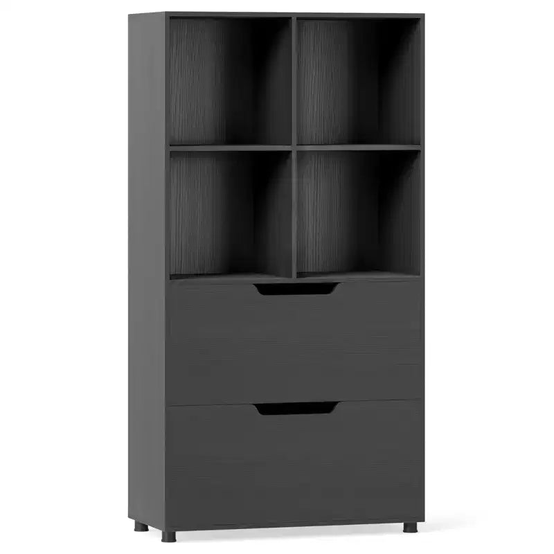 Libreria a 5 ripiani Nera/Grigia/Naturale con 4 cubi aperti e 2 cassetti, montaggio da 1 persona