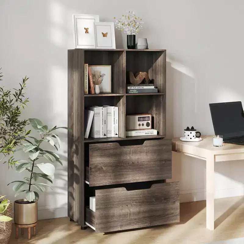 Libreria a 5 ripiani Nera/Grigia/Naturale con 4 cubi aperti e 2 cassetti, montaggio da 1 persona