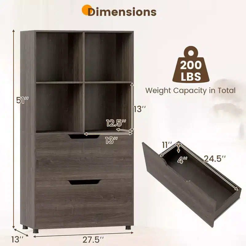 Libreria a 5 ripiani Nera/Grigia/Naturale con 4 cubi aperti e 2 cassetti, montaggio da 1 persona