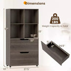 Libreria a 5 ripiani Nera/Grigia/Naturale con 4 cubi aperti e 2 cassetti, montaggio da 1 persona
