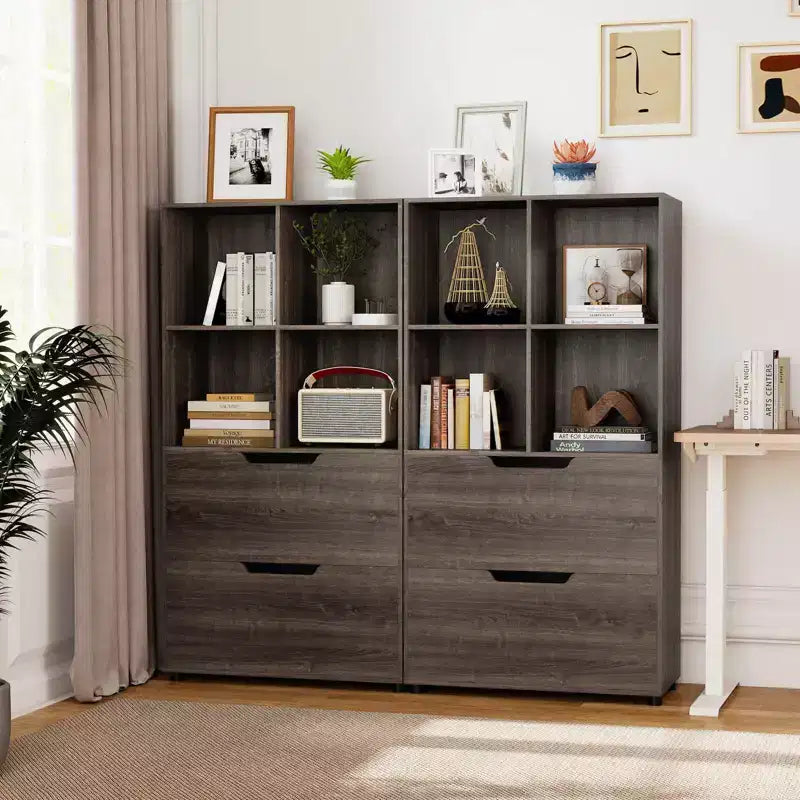 Libreria a 5 ripiani Nera/Grigia/Naturale con 4 cubi aperti e 2 cassetti, montaggio da 1 persona
