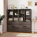Libreria a 5 ripiani Nera/Grigia/Naturale con 4 cubi aperti e 2 cassetti, montaggio da 1 persona