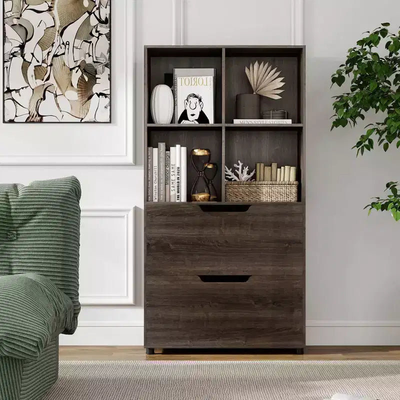 Libreria a 5 ripiani Nera/Grigia/Naturale con 4 cubi aperti e 2 cassetti, montaggio da 1 persona