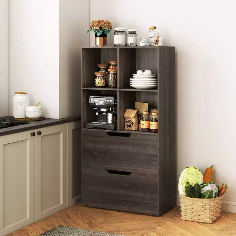 Libreria a 5 ripiani Nera/Grigia/Naturale con 4 cubi aperti e 2 cassetti, montaggio da 1 persona