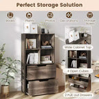 Libreria a 5 ripiani Nera/Grigia/Naturale con 4 cubi aperti e 2 cassetti, montaggio da 1 persona