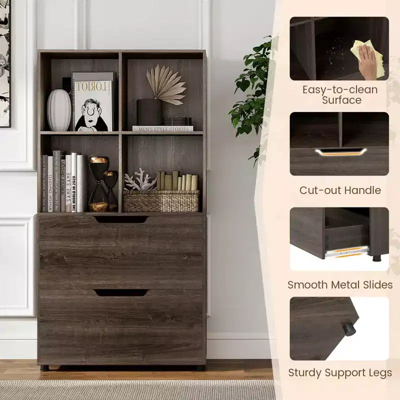 Libreria a 5 ripiani Nera/Grigia/Naturale con 4 cubi aperti e 2 cassetti, montaggio da 1 persona
