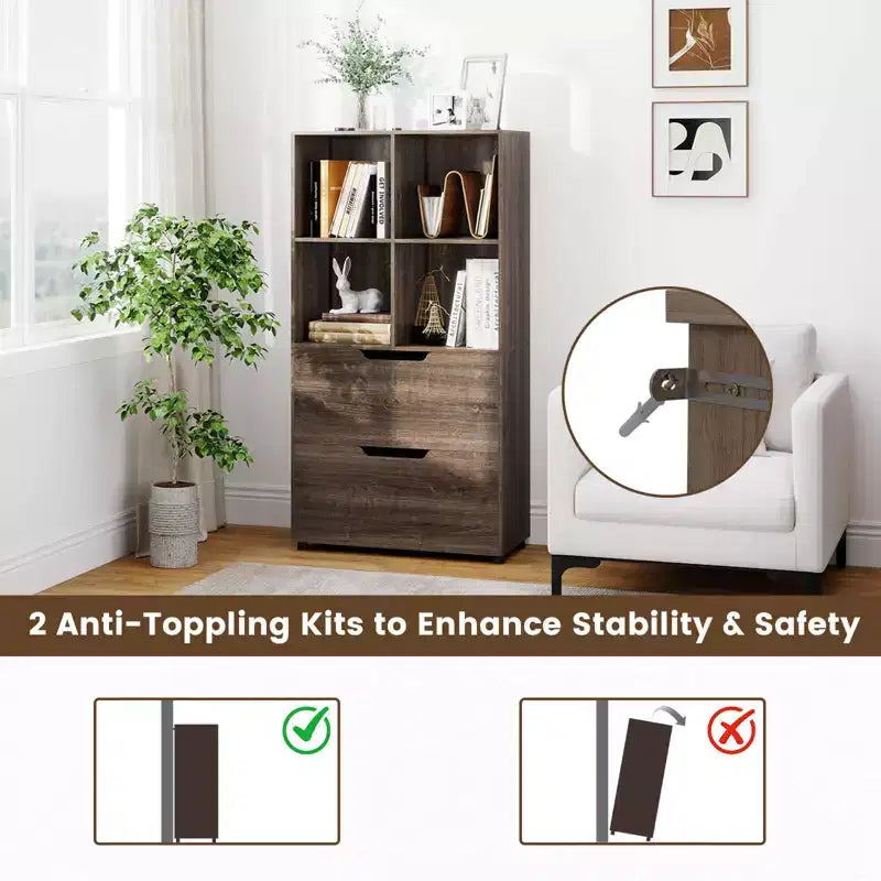 Libreria a 5 ripiani Nera/Grigia/Naturale con 4 cubi aperti e 2 cassetti, montaggio da 1 persona