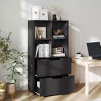 Libreria a 5 ripiani Nera/Grigia/Naturale con 4 cubi aperti e 2 cassetti, montaggio da 1 persona