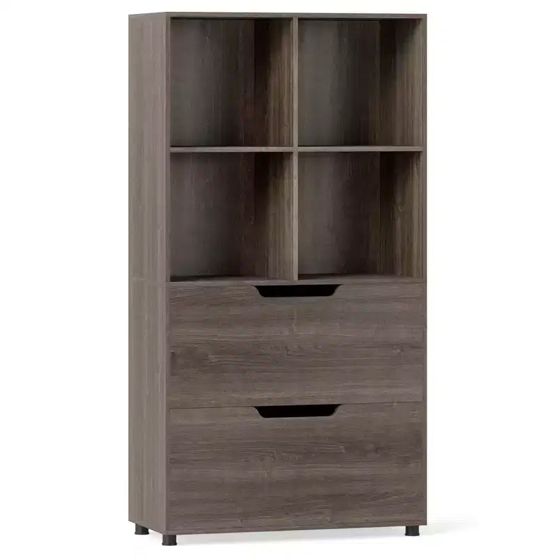 Libreria a 5 ripiani Nera/Grigia/Naturale con 4 cubi aperti e 2 cassetti, montaggio da 1 persona