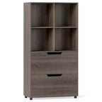Libreria a 5 ripiani Nera/Grigia/Naturale con 4 cubi aperti e 2 cassetti, montaggio da 1 persona