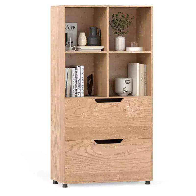 Libreria a 5 ripiani Nera/Grigia/Naturale con 4 cubi aperti e 2 cassetti, montaggio da 1 persona