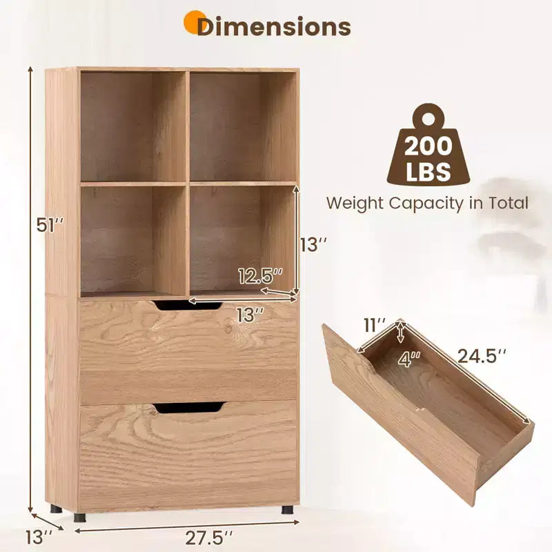Libreria a 5 ripiani Nera/Grigia/Naturale con 4 cubi aperti e 2 cassetti, montaggio da 1 persona