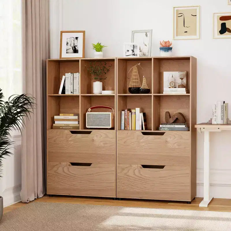 Libreria a 5 ripiani Nera/Grigia/Naturale con 4 cubi aperti e 2 cassetti, montaggio da 1 persona