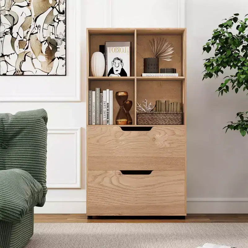 Libreria a 5 ripiani Nera/Grigia/Naturale con 4 cubi aperti e 2 cassetti, montaggio da 1 persona
