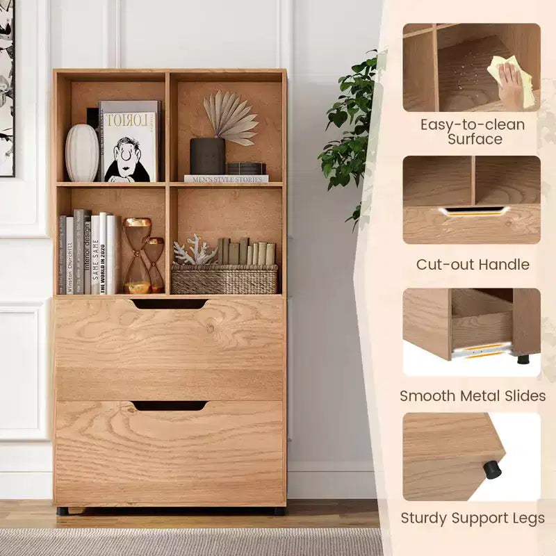 Libreria a 5 ripiani Nera/Grigia/Naturale con 4 cubi aperti e 2 cassetti, montaggio da 1 persona