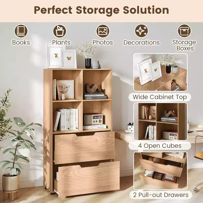 Libreria a 5 ripiani Nera/Grigia/Naturale con 4 cubi aperti e 2 cassetti, montaggio da 1 persona