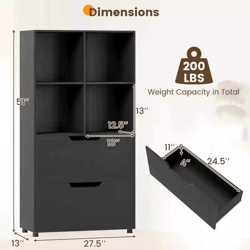 Libreria a 5 ripiani Nera/Grigia/Naturale con 4 cubi aperti e 2 cassetti, montaggio da 1 persona