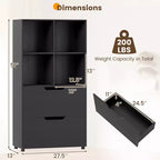 Libreria a 5 ripiani Nera/Grigia/Naturale con 4 cubi aperti e 2 cassetti, montaggio da 1 persona