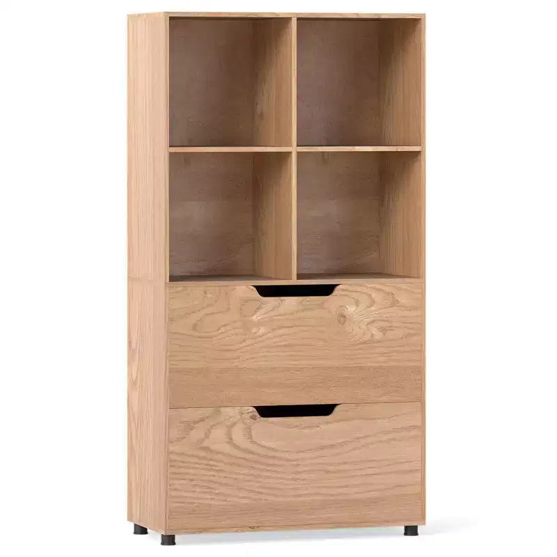 Libreria a 5 ripiani Nera/Grigia/Naturale con 4 cubi aperti e 2 cassetti, montaggio da 1 persona