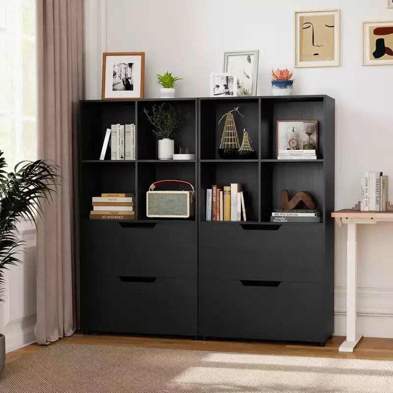 Libreria a 5 ripiani Nera/Grigia/Naturale con 4 cubi aperti e 2 cassetti, montaggio da 1 persona