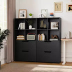Libreria a 5 ripiani Nera/Grigia/Naturale con 4 cubi aperti e 2 cassetti, montaggio da 1 persona