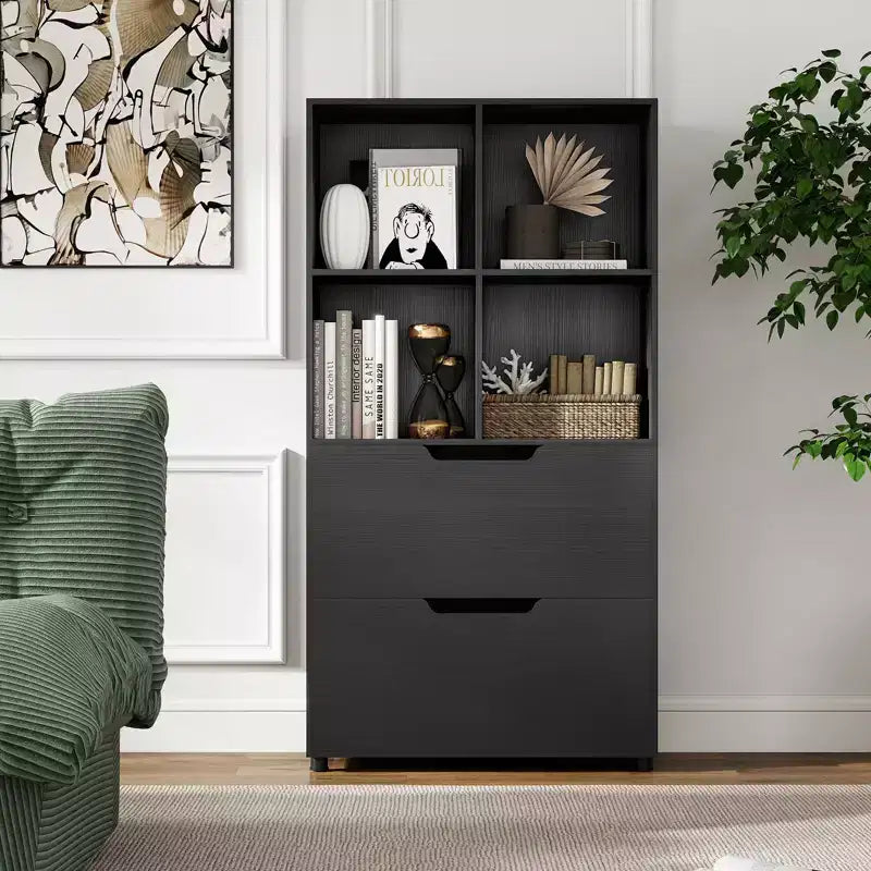 Libreria a 5 ripiani Nera/Grigia/Naturale con 4 cubi aperti e 2 cassetti, montaggio da 1 persona