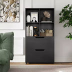 Libreria a 5 ripiani Nera/Grigia/Naturale con 4 cubi aperti e 2 cassetti, montaggio da 1 persona