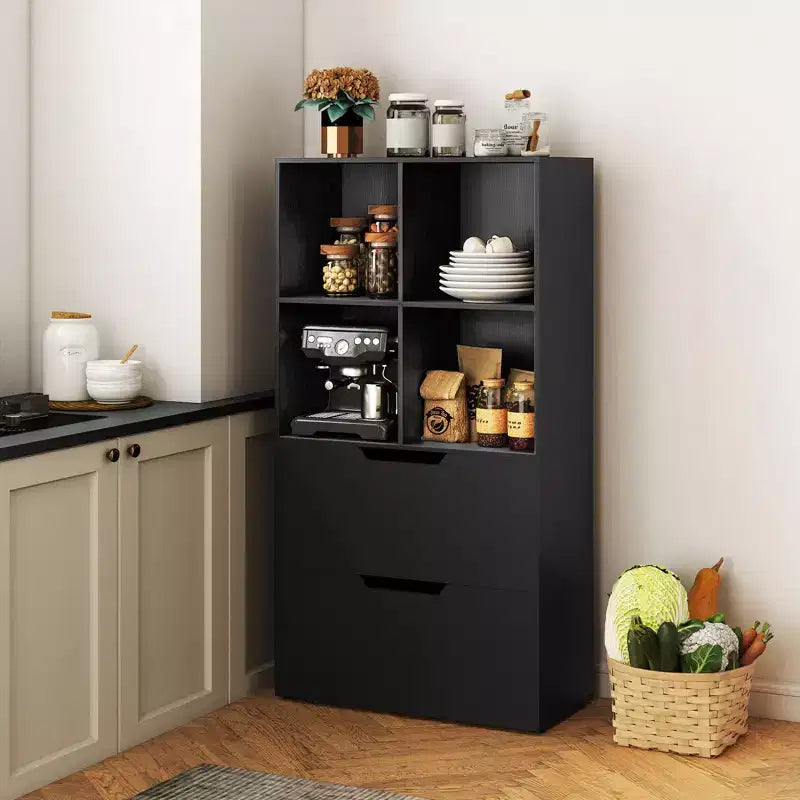 Libreria a 5 ripiani Nera/Grigia/Naturale con 4 cubi aperti e 2 cassetti, montaggio da 1 persona