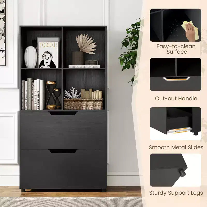 Libreria a 5 ripiani Nera/Grigia/Naturale con 4 cubi aperti e 2 cassetti, montaggio da 1 persona
