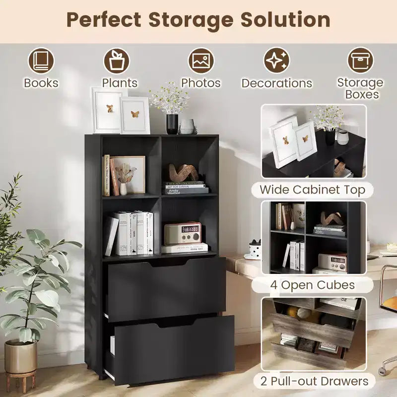Libreria a 5 ripiani Nera/Grigia/Naturale con 4 cubi aperti e 2 cassetti, montaggio da 1 persona