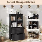 Libreria a 5 ripiani Nera/Grigia/Naturale con 4 cubi aperti e 2 cassetti, montaggio da 1 persona