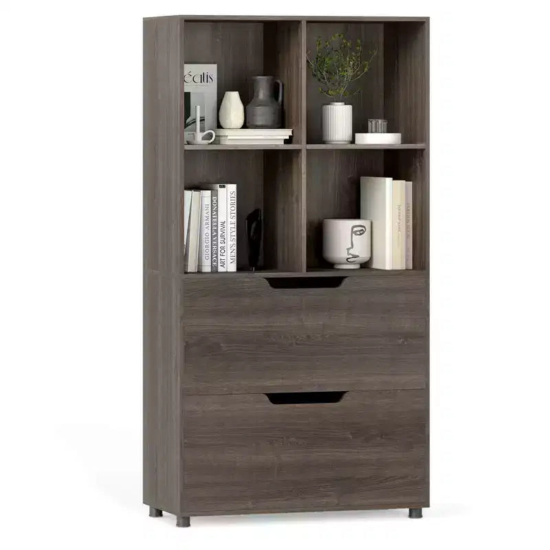 Libreria a 5 ripiani Nera/Grigia/Naturale con 4 cubi aperti e 2 cassetti, montaggio da 1 persona