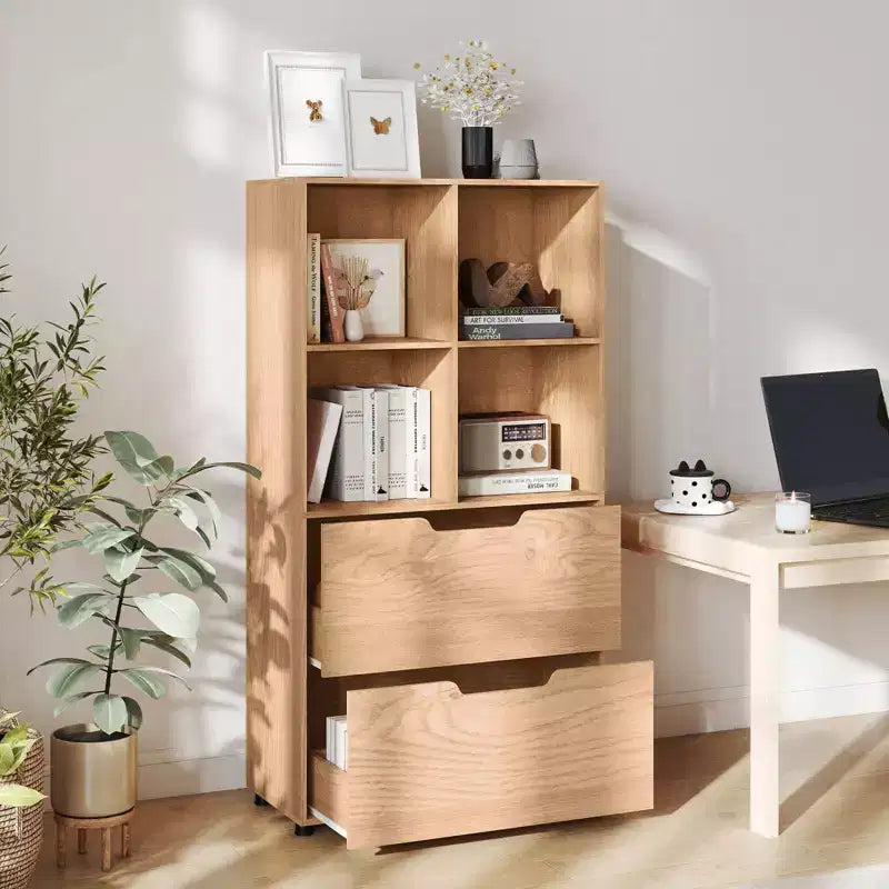 Libreria a 5 ripiani Nera/Grigia/Naturale con 4 cubi aperti e 2 cassetti, montaggio da 1 persona