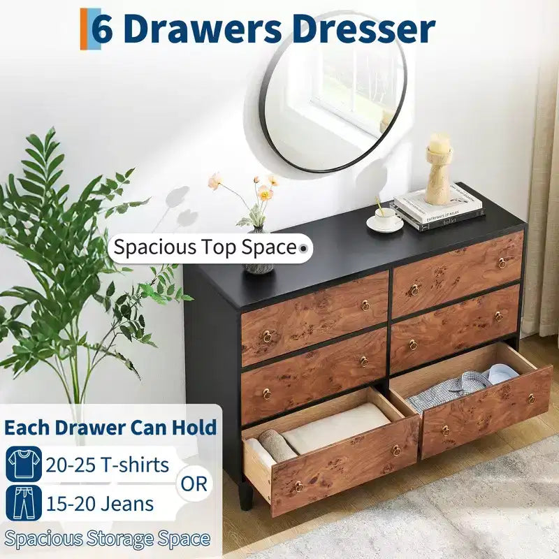 Comò moderno in rovere naturale, cassettiera in legno a 6/7 cassetti