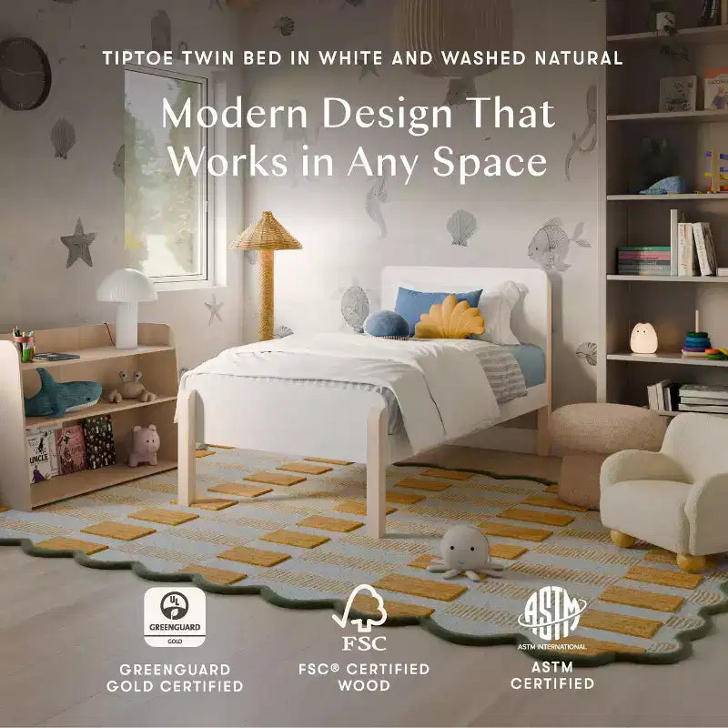 Letto singolo bianco e legno naturale con lavaggio – Struttura in pino, per 1 bambino