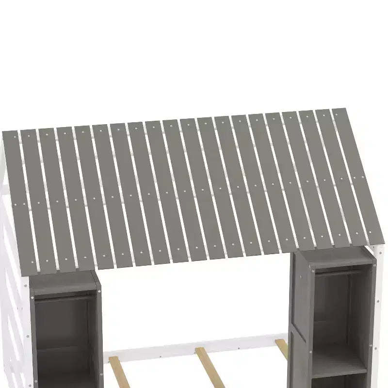 Letto a Pavimento con Recinzione a Forma di Casa in Legno, Dimensioni Matrimoniale, Colore Grigio/Naturale, con Ripiani Contenitore, per 1 Bambino