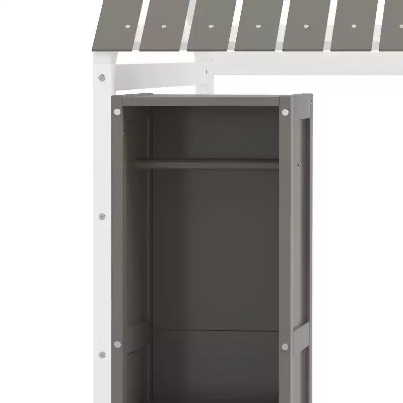 Letto a Pavimento con Recinzione a Forma di Casa in Legno, Dimensioni Matrimoniale, Colore Grigio/Naturale, con Ripiani Contenitore, per 1 Bambino