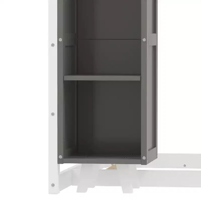 Letto a Pavimento con Recinzione a Forma di Casa in Legno, Dimensioni Matrimoniale, Colore Grigio/Naturale, con Ripiani Contenitore, per 1 Bambino