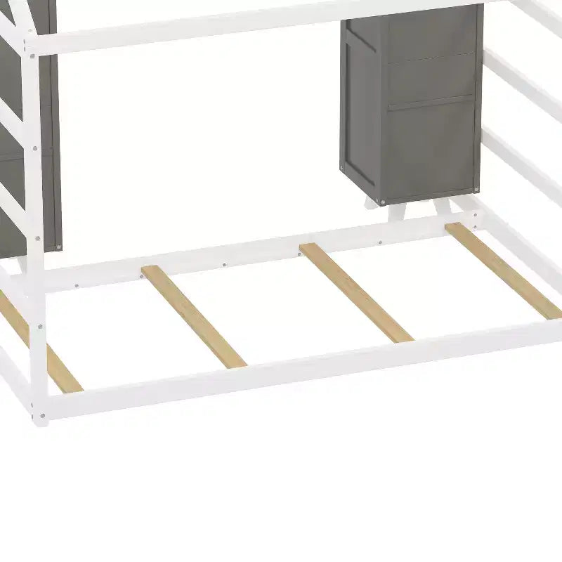 Letto a Pavimento con Recinzione a Forma di Casa in Legno, Dimensioni Matrimoniale, Colore Grigio/Naturale, con Ripiani Contenitore, per 1 Bambino