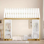 Letto a Pavimento con Recinzione a Forma di Casa in Legno, Dimensioni Matrimoniale, Colore Grigio/Naturale, con Ripiani Contenitore, per 1 Bambino
