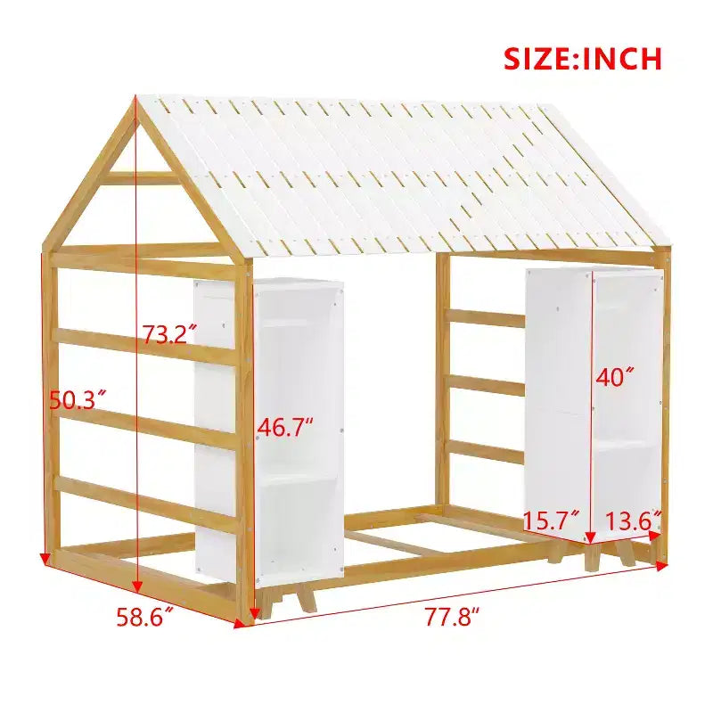 Letto a Pavimento con Recinzione a Forma di Casa in Legno, Dimensioni Matrimoniale, Colore Grigio/Naturale, con Ripiani Contenitore, per 1 Bambino