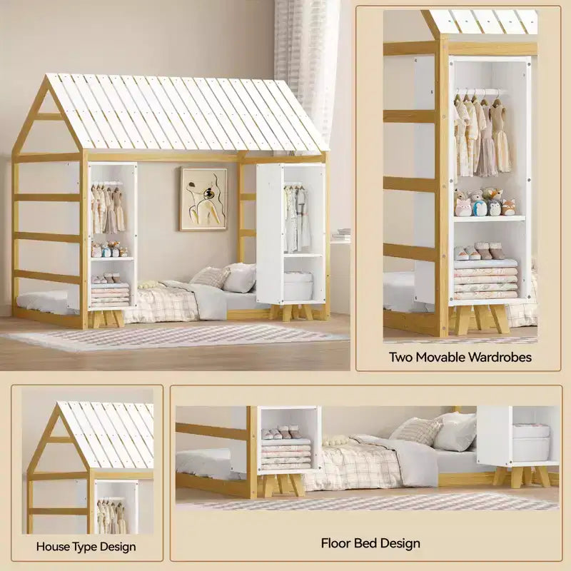 Letto a Pavimento con Recinzione a Forma di Casa in Legno, Dimensioni Matrimoniale, Colore Grigio/Naturale, con Ripiani Contenitore, per 1 Bambino