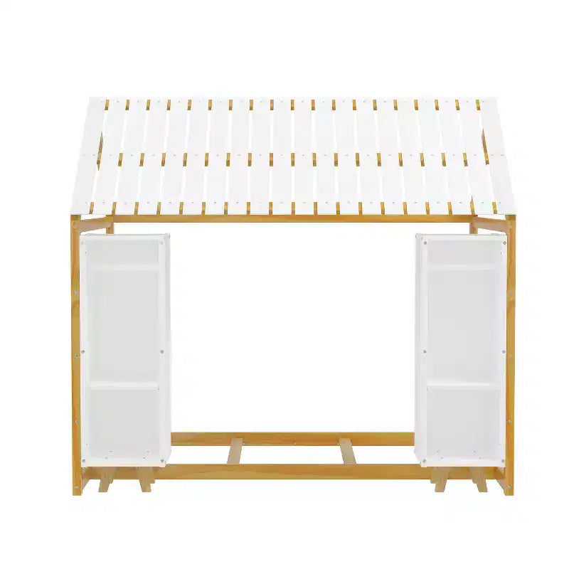 Letto a Pavimento con Recinzione a Forma di Casa in Legno, Dimensioni Matrimoniale, Colore Grigio/Naturale, con Ripiani Contenitore, per 1 Bambino