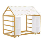 Letto a Pavimento con Recinzione a Forma di Casa in Legno, Dimensioni Matrimoniale, Colore Grigio/Naturale, con Ripiani Contenitore, per 1 Bambino