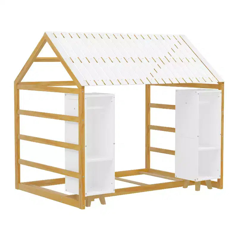 Letto a Pavimento con Recinzione a Forma di Casa in Legno, Dimensioni Matrimoniale, Colore Grigio/Naturale, con Ripiani Contenitore, per 1 Bambino