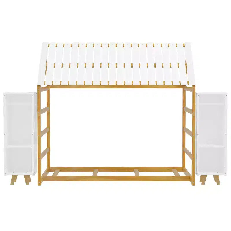 Letto a Pavimento con Recinzione a Forma di Casa in Legno, Dimensioni Matrimoniale, Colore Grigio/Naturale, con Ripiani Contenitore, per 1 Bambino