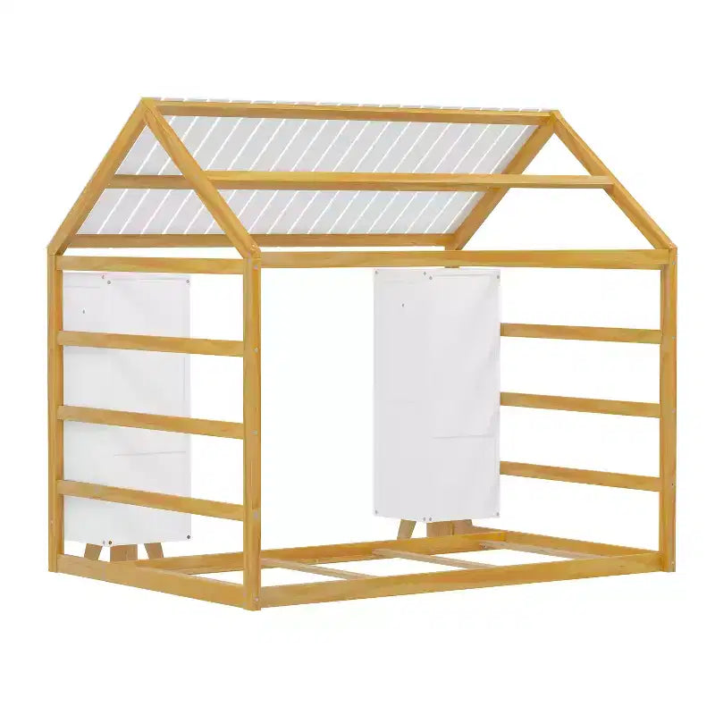 Letto a Pavimento con Recinzione a Forma di Casa in Legno, Dimensioni Matrimoniale, Colore Grigio/Naturale, con Ripiani Contenitore, per 1 Bambino
